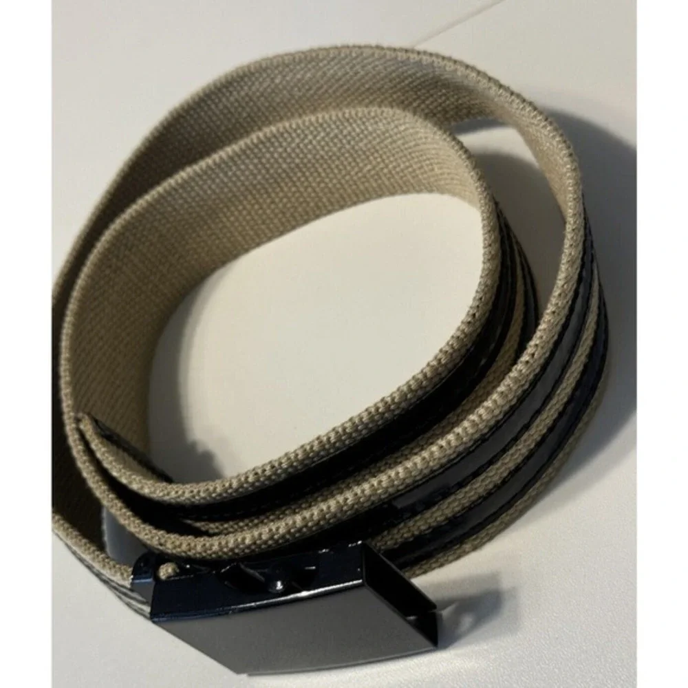 Tan Canvas Web Belt Black Patent Stripes‎ Military Flip Buckle Adjustable 70-19